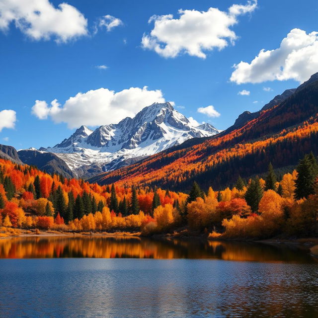 A majestic mountain landscape during autumn, featuring vibrant foliage in shades of orange, red, and yellow