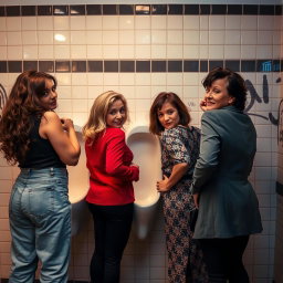Mature women with confident expressions standing in front of a wall trough urinal, their backs facing the wall while they turn their heads dramatically towards the viewer