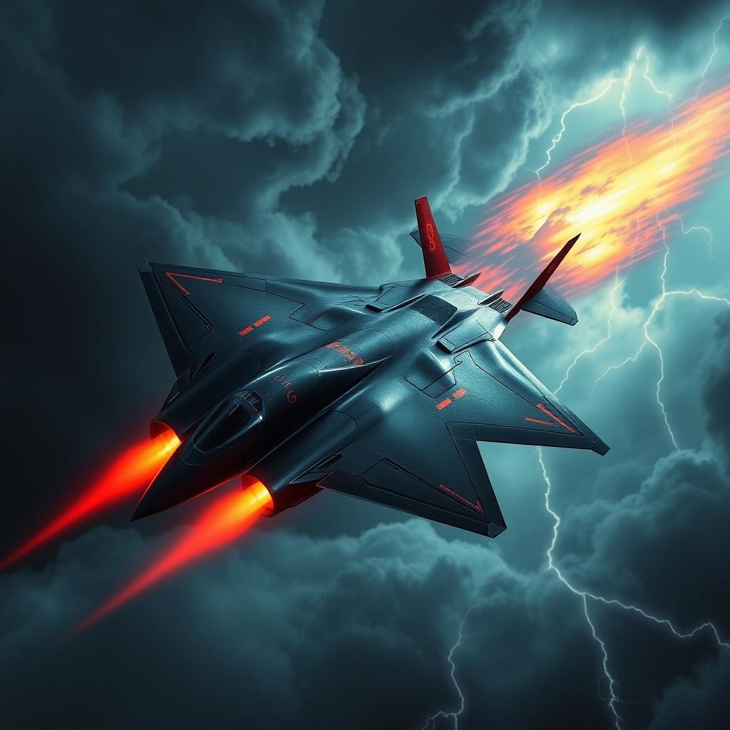 A menacing version of a sleek and futuristic fighter jet inspired by the F22, designed with a dark, sinister aesthetic