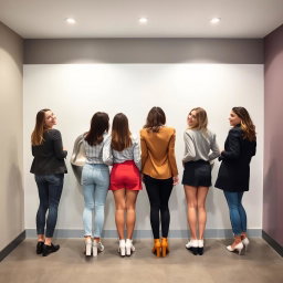 Four women standing in front of a wall-mounted trough urinal, each with their backs to the wall, stylishly dressed in casual contemporary clothing