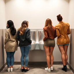 Four women standing in front of a wall-mounted trough urinal, each with their backs to the wall, stylishly dressed in casual contemporary clothing