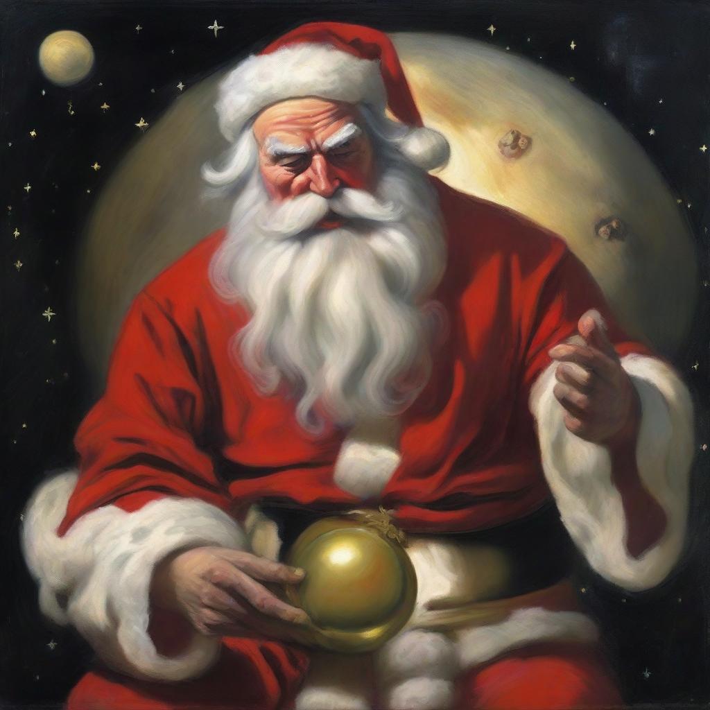 A reinterpretation of 'Saturn Devouring His Son', where Saturn is replaced with Santa Claus in his traditional red suit and white beard and he is in the classic pose of the painting.