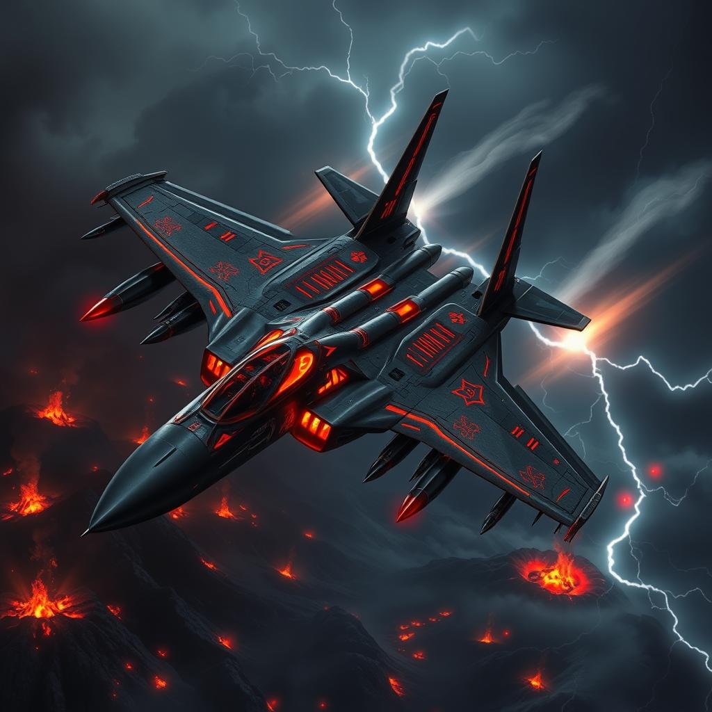 A sinister version of the F14 Tomcat fighter jet, designed with an aggressive and otherworldly aesthetic