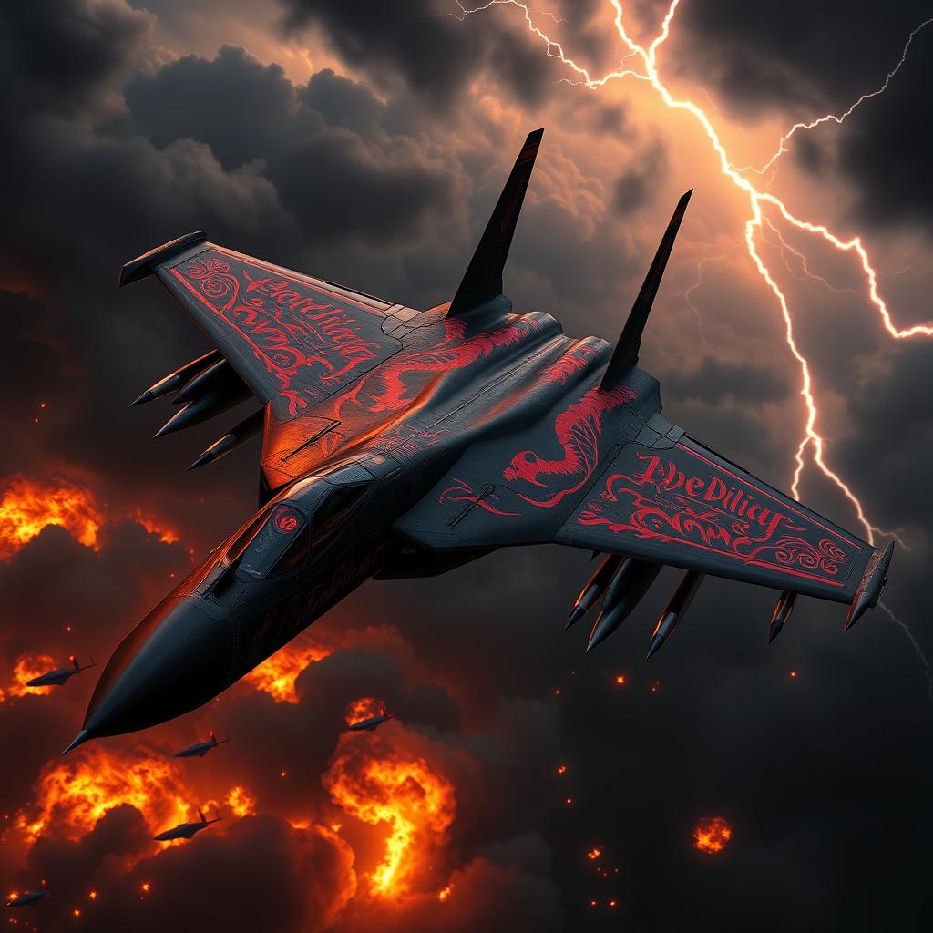 A darkly designed F14 Tomcat fighter jet, embodying a hellish theme, crafted by the devil