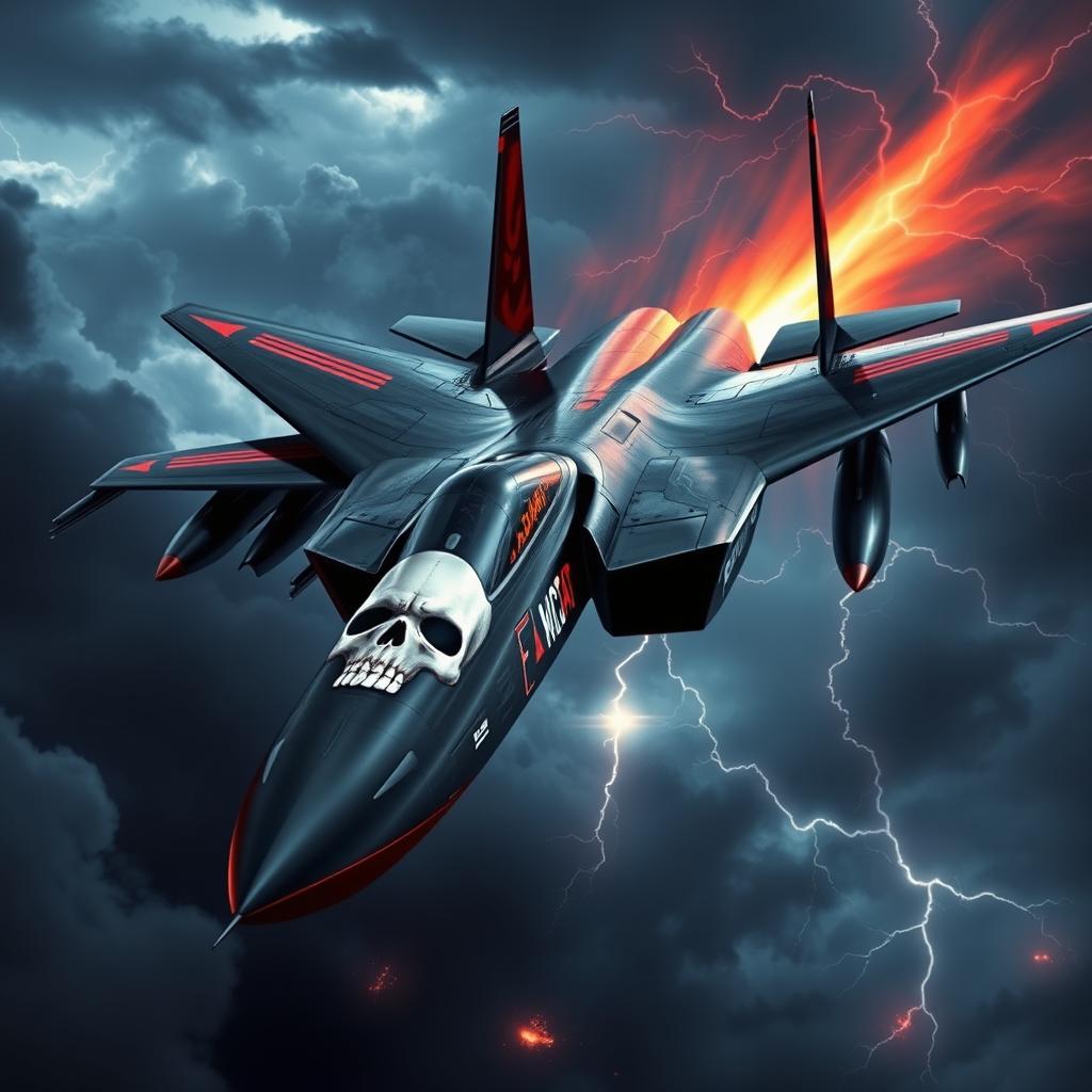 A terrifying depiction of the F14 Tomcat fighter jet, designed with a hellish theme and adorned with a skull motif