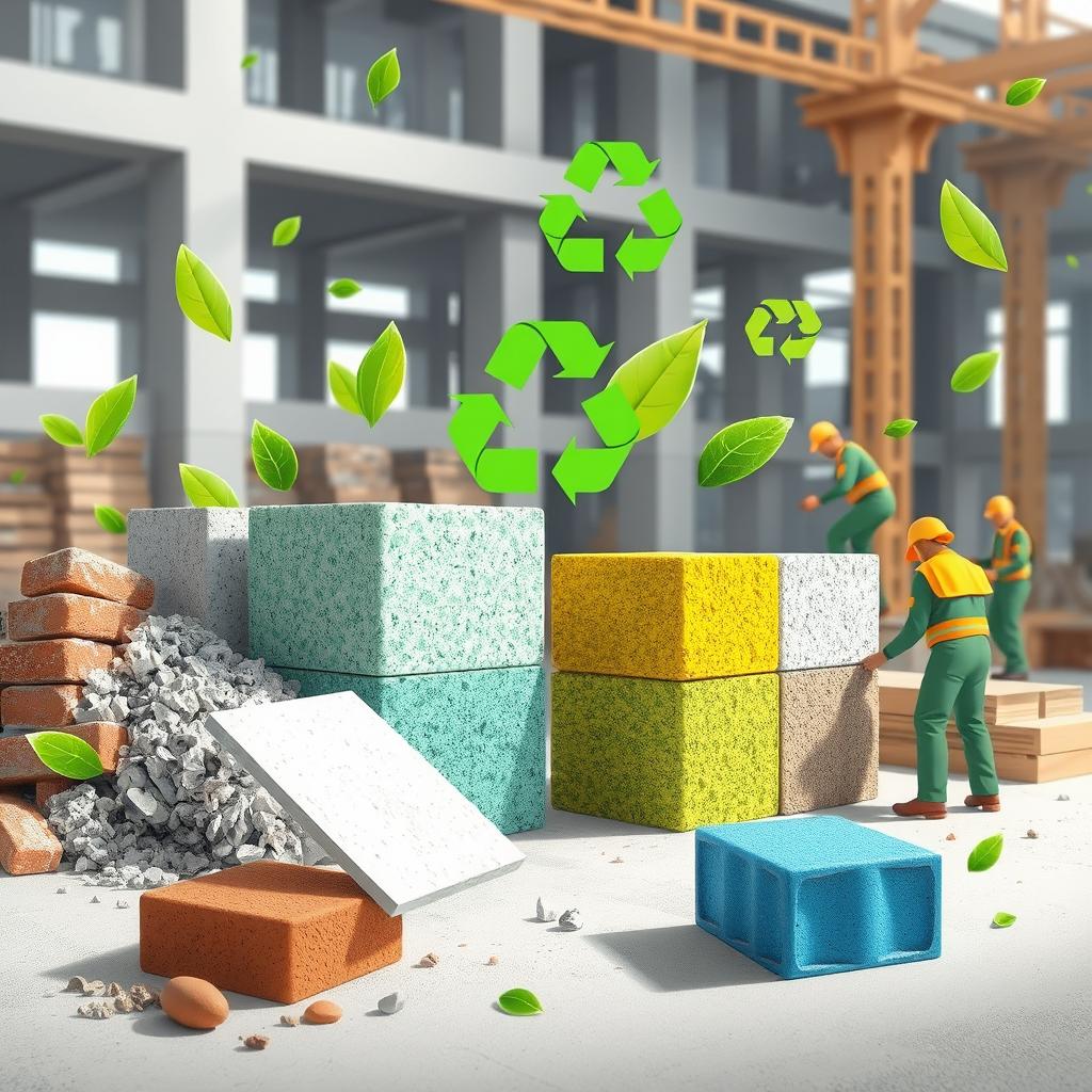A visually engaging and informative illustration showcasing various geopolymer materials made from recycled construction waste