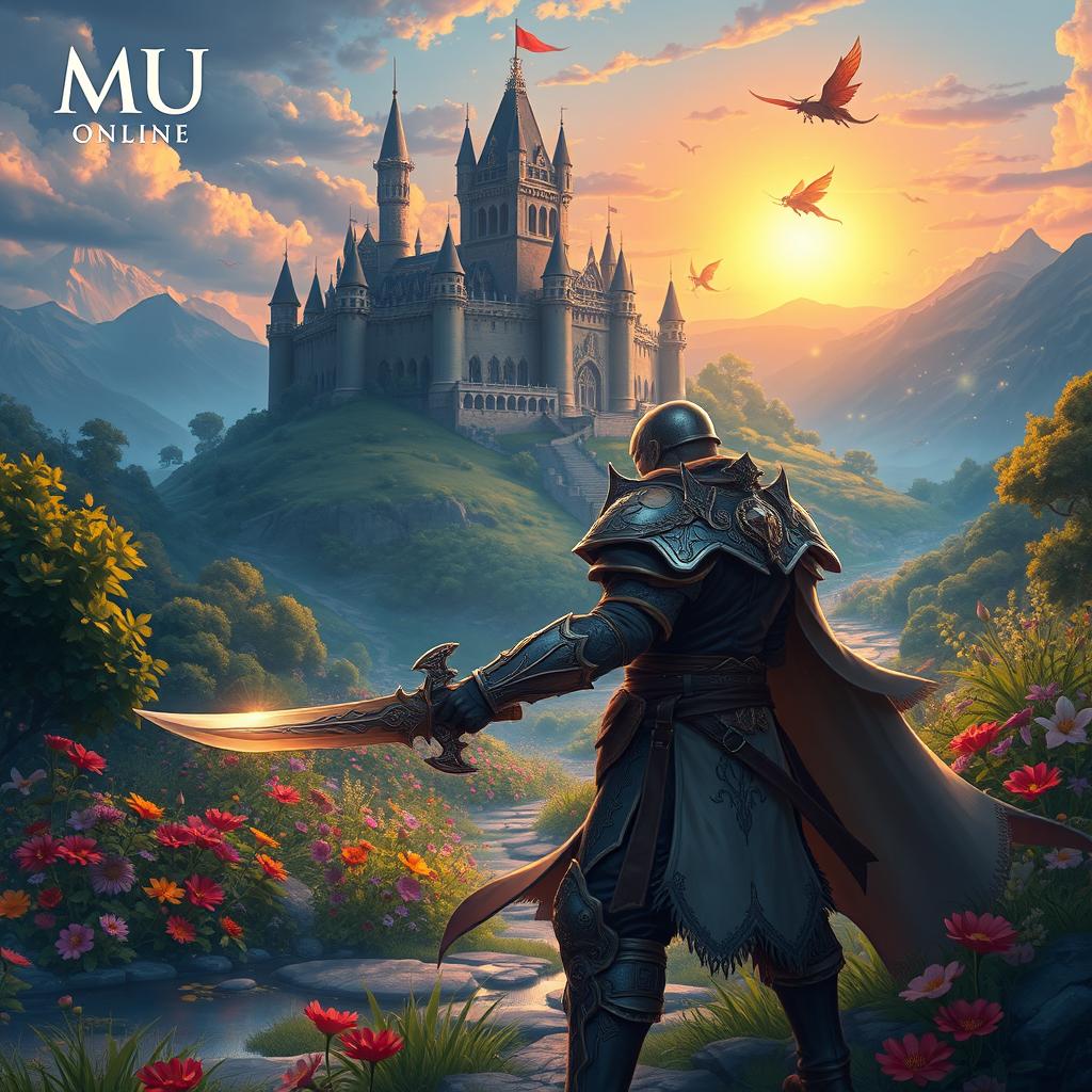 A vibrant fantasy landscape inspired by MU Online, featuring a majestic castle in the background surrounded by lush greenery and colorful wildflowers