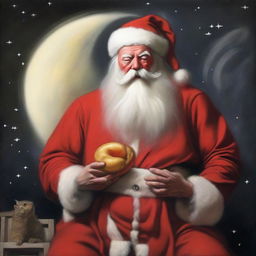 A reinterpretation of 'Saturn Devouring His Son', where Saturn is replaced with Santa Claus in his traditional red suit and white beard and he is in the classic pose of the painting.