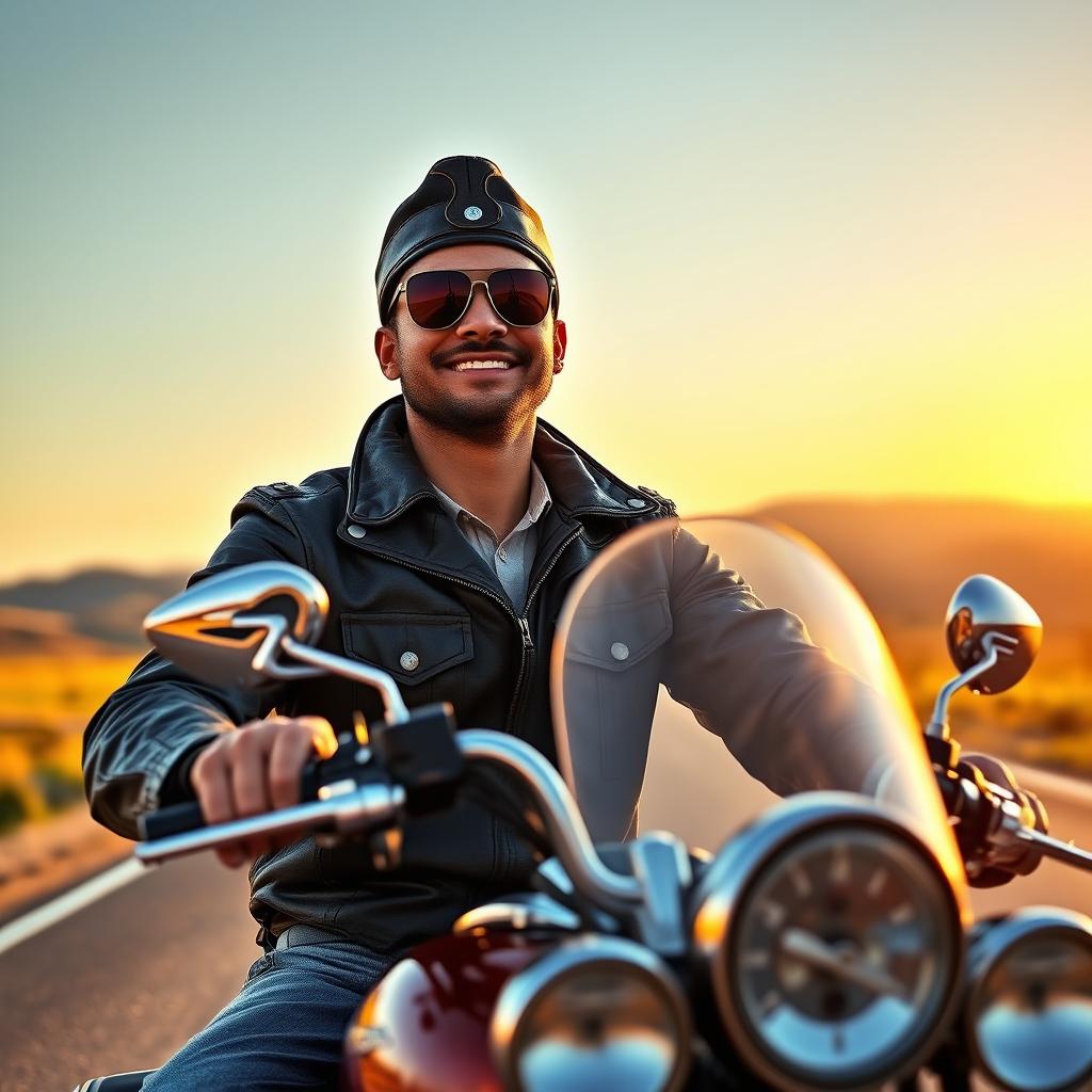 Portrait of Jalil Zandi, a charismatic pilot wearing a stylish aviator uniform and a leather pilot's cap, riding a classic Harley-Davidson motorcycle on an open road
