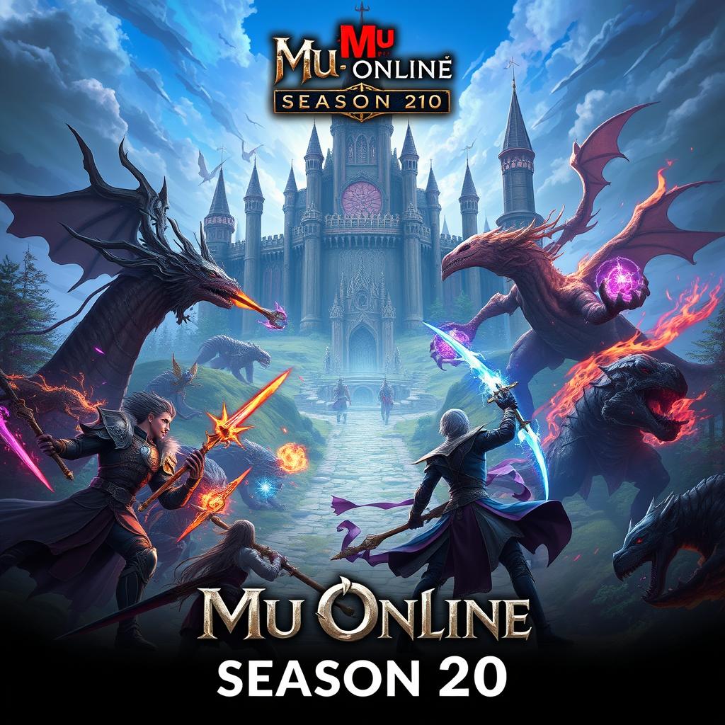 A visually stunning depiction of the Mu Online Season 20 universe, showcasing a fantasy world filled with mythical creatures and epic landscapes