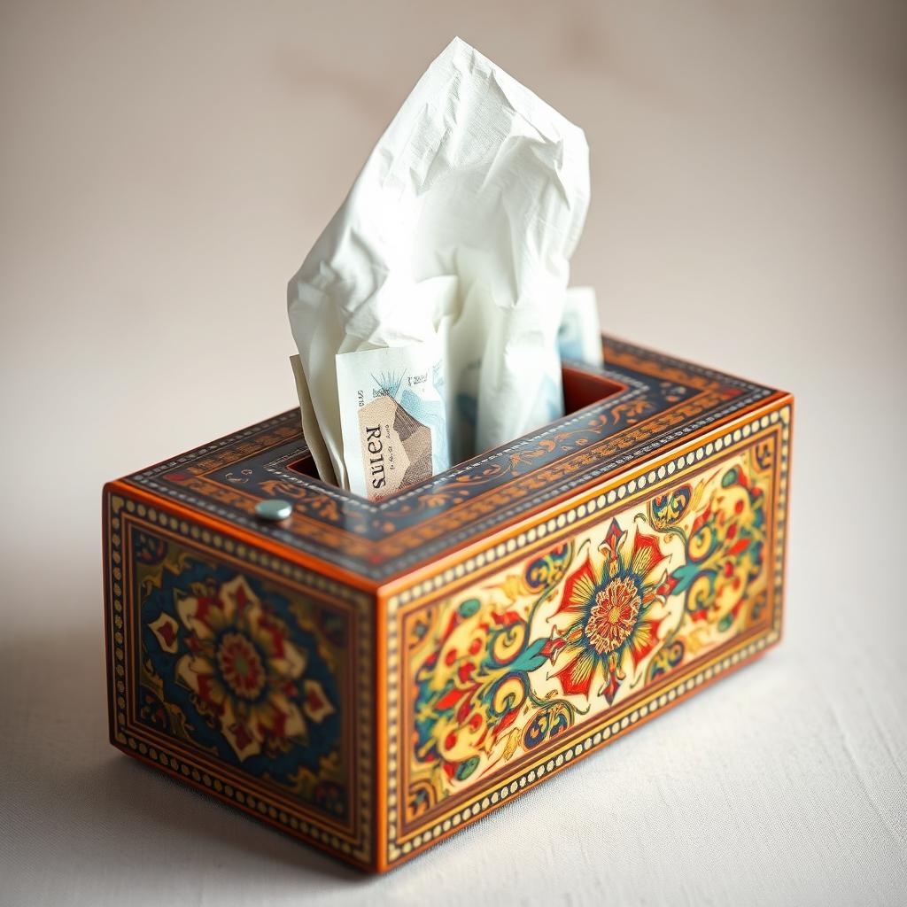 A decorative tissue box designed to hold Iranian rials instead of tissues, intricately decorated with traditional Persian patterns and motifs