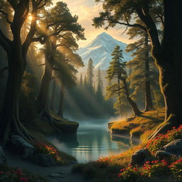 A dramatic fantasy landscape depicting a mystical forest at dawn, filled with ancient, towering trees covered in bioluminescent vines