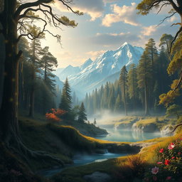 A dramatic fantasy landscape depicting a mystical forest at dawn, filled with ancient, towering trees covered in bioluminescent vines