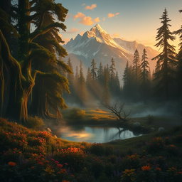 A dramatic fantasy landscape depicting a mystical forest at dawn, filled with ancient, towering trees covered in bioluminescent vines