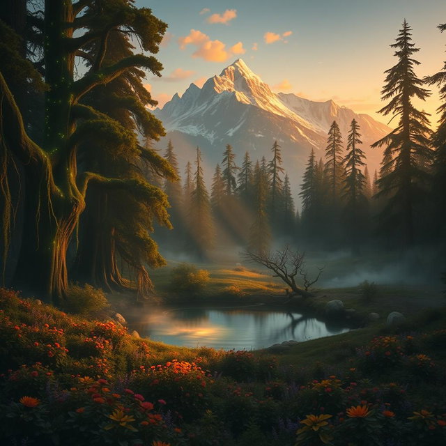 A dramatic fantasy landscape depicting a mystical forest at dawn, filled with ancient, towering trees covered in bioluminescent vines