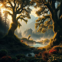 A dramatic fantasy landscape depicting a mystical forest at dawn, filled with ancient, towering trees covered in bioluminescent vines