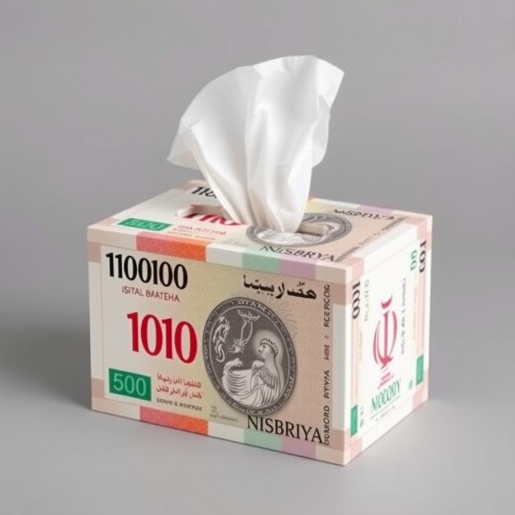 A creatively designed tissue box that resembles a stack of 10,000 Iranian riyal banknotes