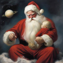 A reinterpretation of 'Saturn Devouring His Son', where Saturn is replaced with Santa Claus in his traditional red suit and white beard and he is in the classic pose of the painting.