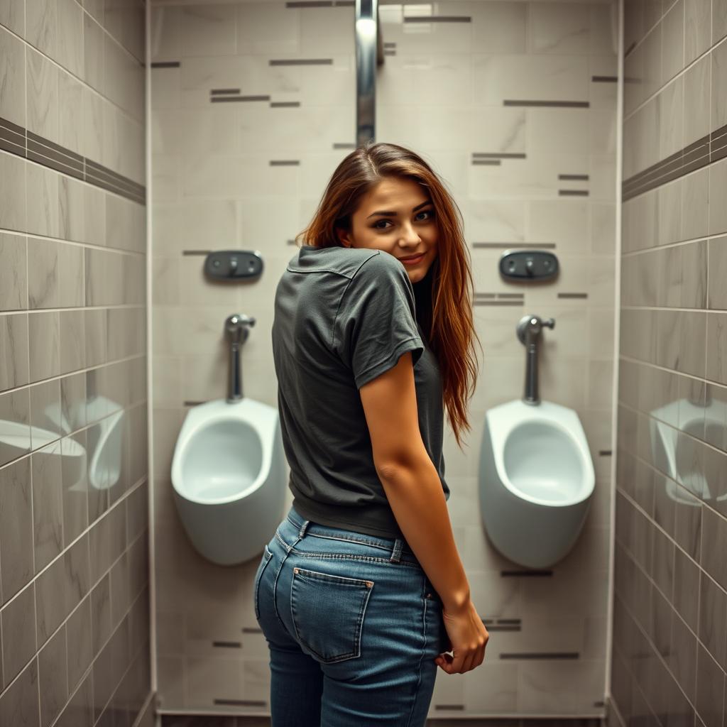 A confident woman standing in front of a urinal, positioned with her back to the camera