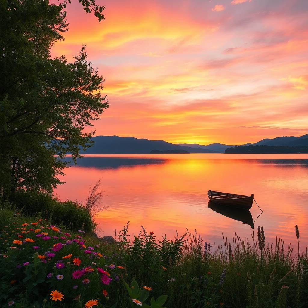 A serene landscape featuring a tranquil lake at sunset, with the sky painted in vibrant hues of orange and pink, reflecting on the water's surface