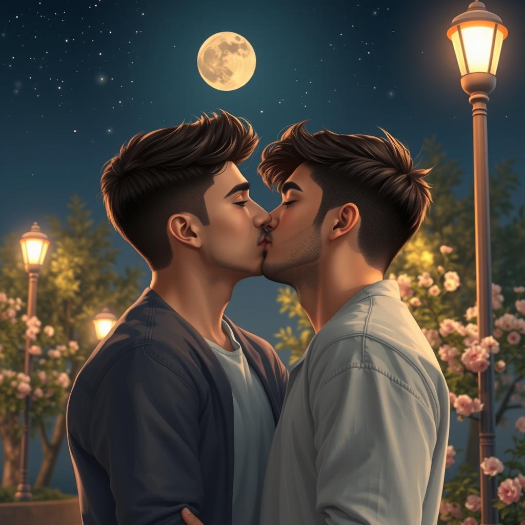 A romantic scene depicting two young men, Halit Özgür Sary and Yiğit Koçak, sharing a tender kiss under a starry night sky