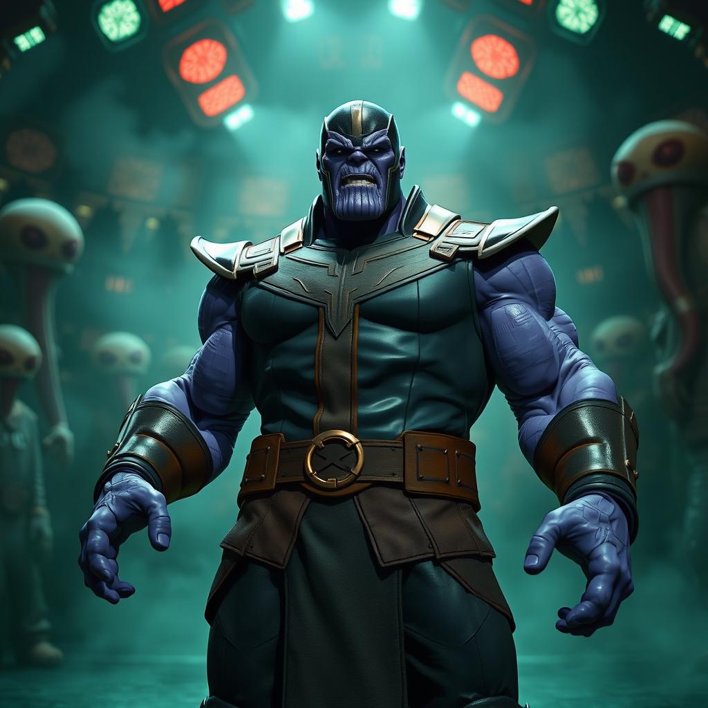 A powerful figure resembling Thanos from Marvel Comics, wearing a Squid Game guard uniform, standing in a dramatic pose in a tense game setting