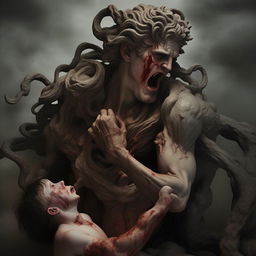 An interpretation of the iconic painting 'Saturn Devouring His Son' with dark, surrealist tones and raw emotional intensity. Capture the grotesque scene where Saturn, titan of Greek mythology, consumes one of his children.