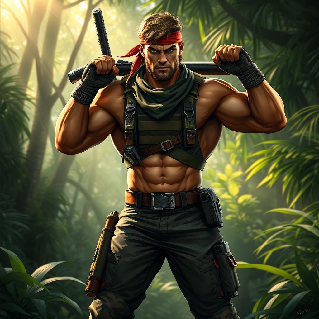 A digital art piece featuring a powerful, muscular character inspired by the archetype of a heroic soldier, reminiscent of John Rambo, in a cinematic action pose
