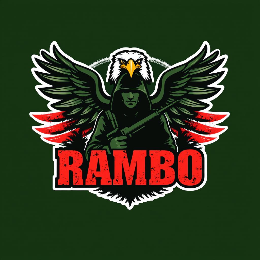 A striking logo design inspired by John Rambo, featuring iconic elements such as a fierce eagle, a rugged silhouette of a soldier, and a bold font stating 'Rambo'