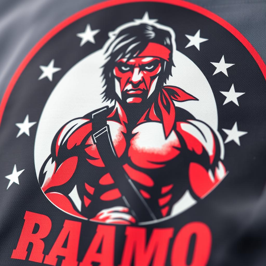 Close-up view of a logo featuring John Rambo, showcasing an intense and iconic design