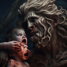 An interpretation of the iconic painting 'Saturn Devouring His Son' with dark, surrealist tones and raw emotional intensity. Capture the grotesque scene where Saturn, titan of Greek mythology, consumes one of his children.