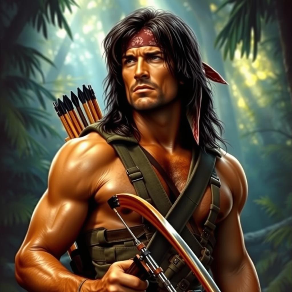 A dramatic and intense portrait of John Rambo, portrayed as a rugged, muscular soldier with long dark hair, wearing a bandana and military fatigues