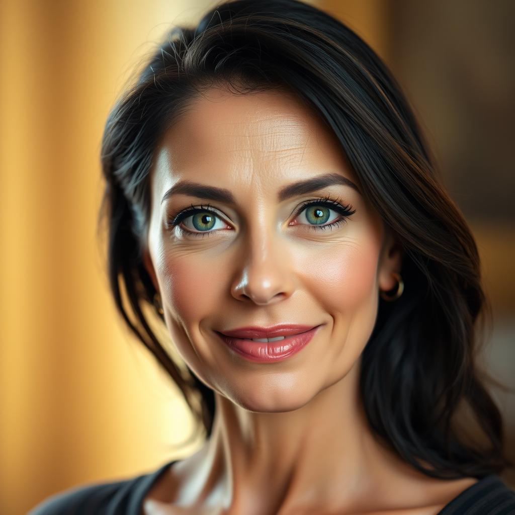 A portrait of a 40-year-old woman with dark hair and striking green eyes