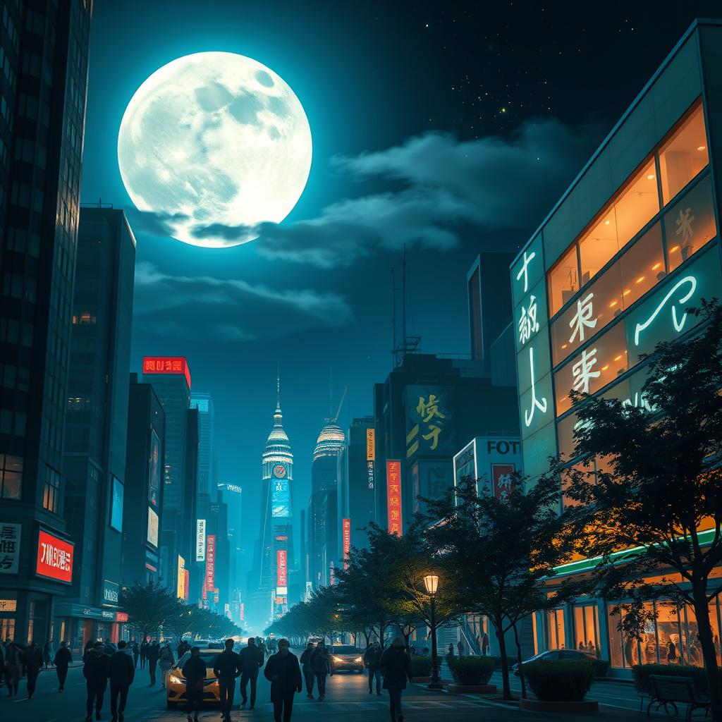 A mesmerizing night scene in a bustling city, where a large, luminous full moon hangs low in the sky, casting soft silvery light across the urban landscape