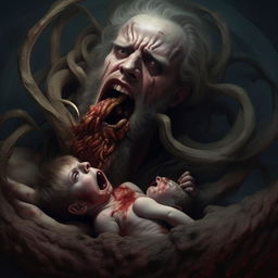 An interpretation of the iconic painting 'Saturn Devouring His Son' with dark, surrealist tones and raw emotional intensity. Capture the grotesque scene where Saturn, titan of Greek mythology, consumes one of his children.