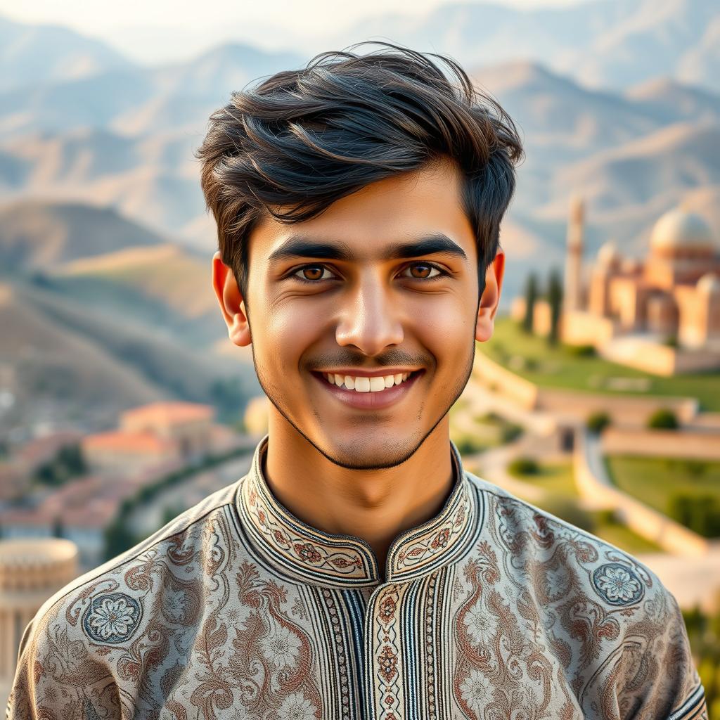 A portrait of Sarmad, an 18-year-old Iranian man with dark brown hair and warm brown eyes