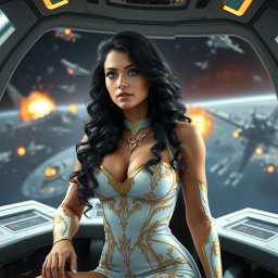 A scene depicting a space war with a female commander at the helm of a futuristic spaceship