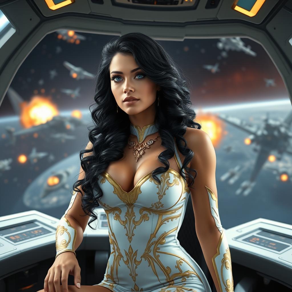 A scene depicting a space war with a female commander at the helm of a futuristic spaceship