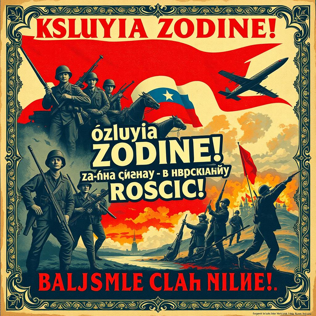 A vintage propaganda poster promoting enlistment for the First World War in Russia, featuring bold colors and strong imagery