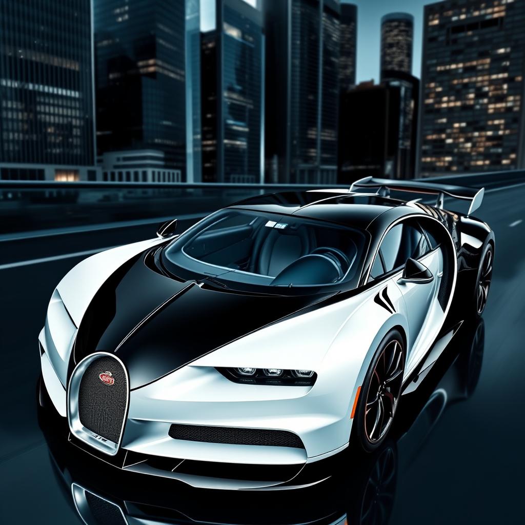 A sleek and elegant Bugatti car in a stunning combination of black and white colors, showcasing its luxurious design and high-performance features