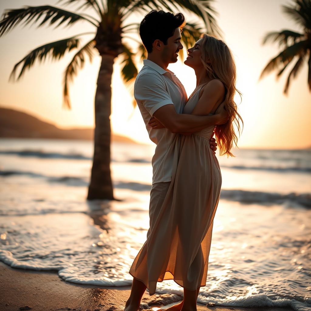 A romantic scene on a beautiful Ibiza beach, featuring a man and a woman embracing each other lovingly