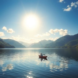A serene landscape featuring a tranquil lake surrounded by lush green mountains under a bright blue sky