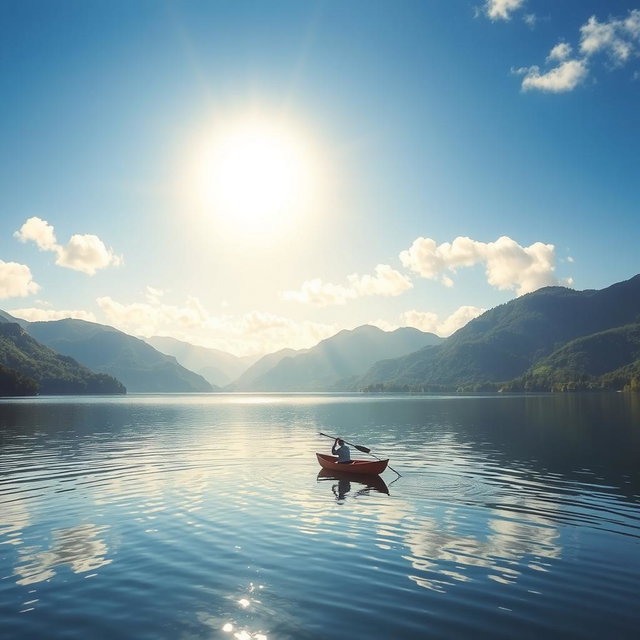 A serene landscape featuring a tranquil lake surrounded by lush green mountains under a bright blue sky