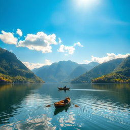 A serene landscape featuring a tranquil lake surrounded by lush green mountains under a bright blue sky