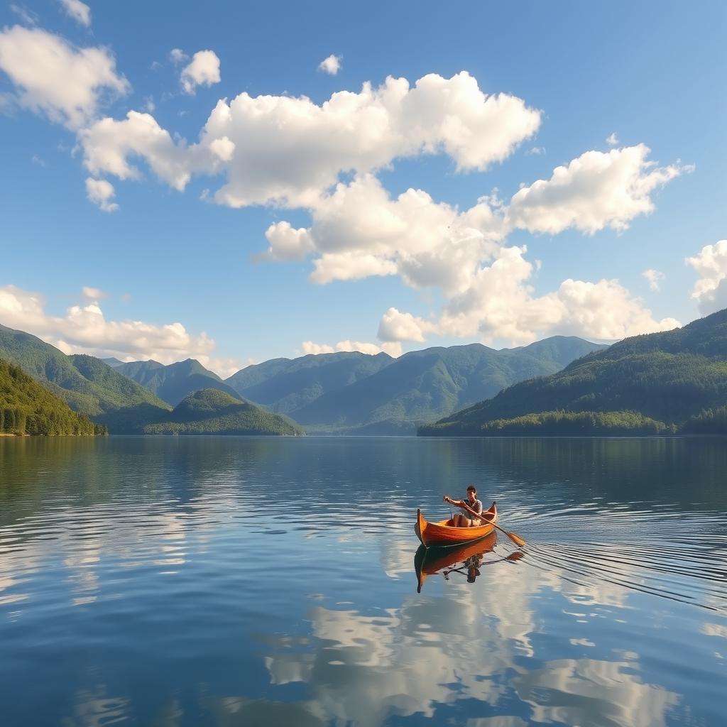 A serene landscape featuring a tranquil lake surrounded by lush green mountains under a bright blue sky