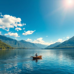 A serene landscape featuring a tranquil lake surrounded by lush green mountains under a bright blue sky