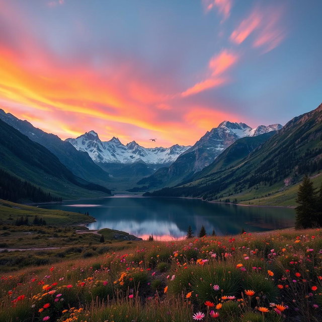 A majestic mountain landscape at sunrise, with vibrant orange and pink hues in the sky and soft, fluffy clouds