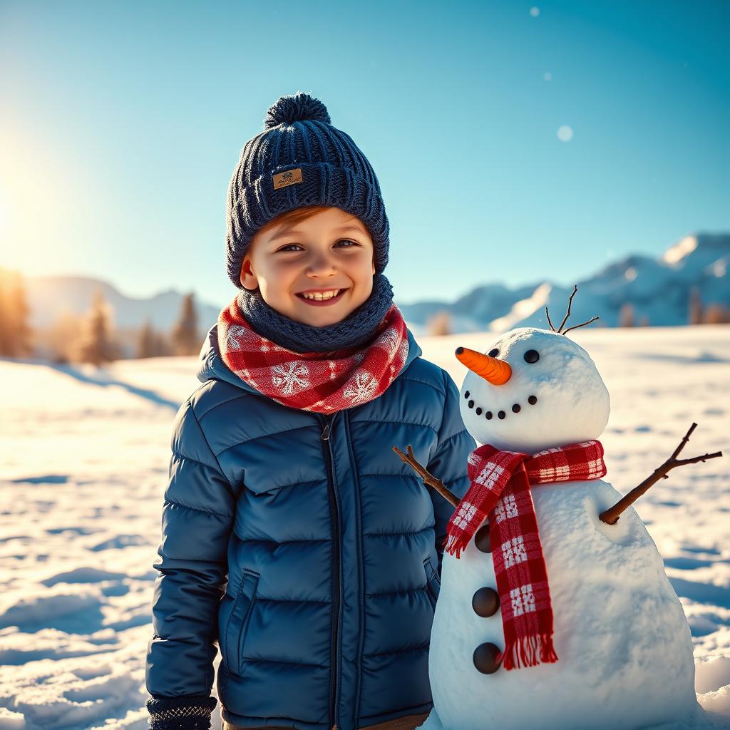A young boy wearing a navy knitted beanie and a matching navy scarf, paired with a vibrant blue puffer jacket, stands joyfully in the heart of a pristine snowy mountain landscape