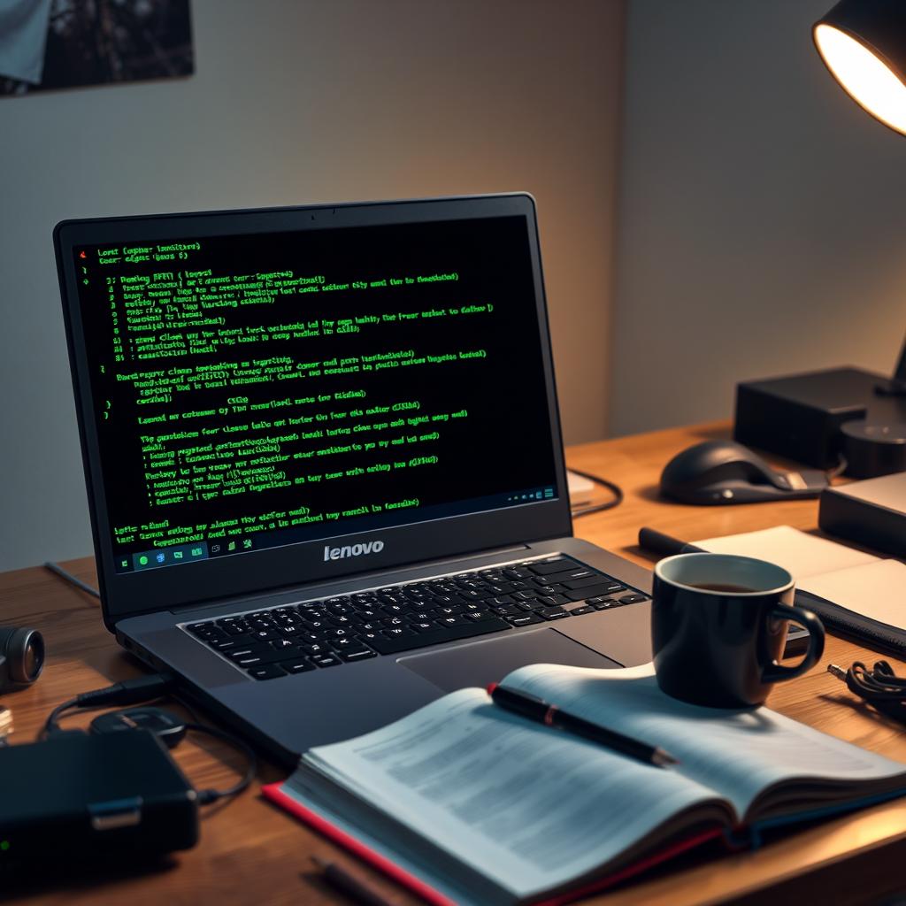 A Lenovo or Apple laptop screen showcasing a hacking terminal interface, with green text on a black background displaying lines of code, commands, and network data