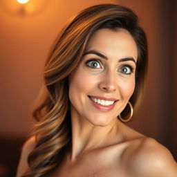 A gorgeous 40-year-old woman, directly facing the camera with an expression of astonished delight